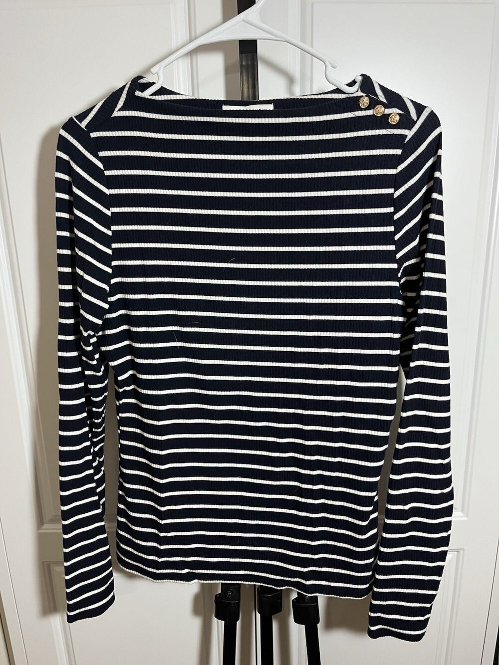 Free Assembly Black White Stripe Gold Buttons Boat Neck Style Size Medium